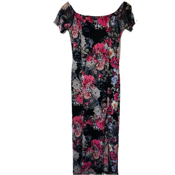 Black Pink Floral Bodycon Maxi Mesh Dress Spring Easter Long Pullover SZ M - Picture 4 of 10